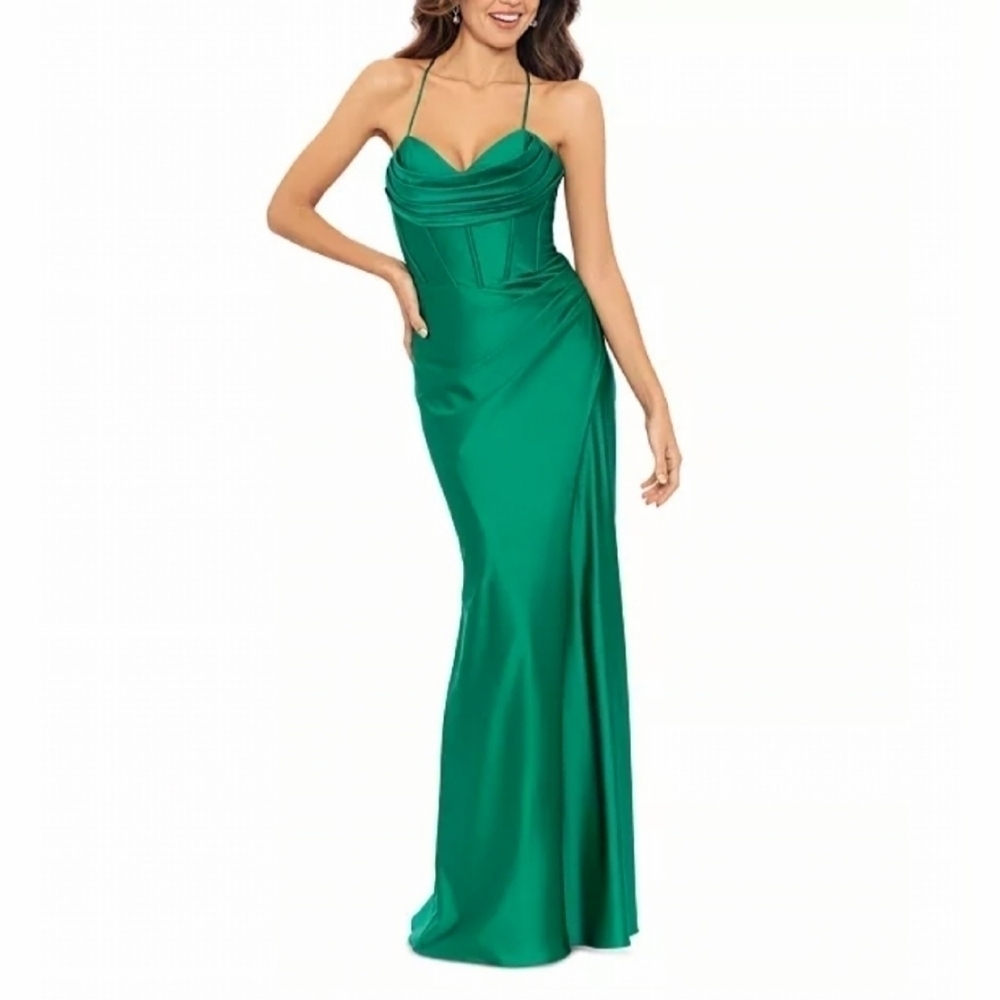 Betsy and Adam Long Sateen Corset Lace Up Back Dress